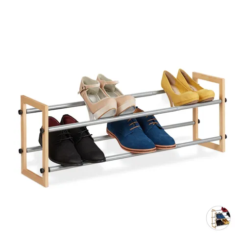Ausziehbares Schuhregal 2 Ebenen - Schuhorganizer in Natur - Praktisches Schuhregal mit 2 Ebenen für optimalen Stauraum, ideal für alle Zimmer. Robuste Holz- und Metallkonstruktion für Langlebigkeit.