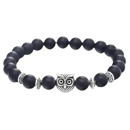 Sanixa Perlenarmband Eule Braun, Weiß oder Schwarz Natursteine Edelsteinarmband Damenarmband White Turquoise, Tigerauge oder Frosted Stone Armschmuck (Schwarz)