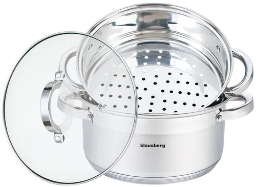 Dampfgarer KB-7141, 3-teilig aus Edelstahl - Kochtöpfe mit 2 Etagen und Glasdeckel, ideal für gesundes Dämpfen von Gemüse und Fisch, geeignet für alle Herdarten, inklusive Induktion.