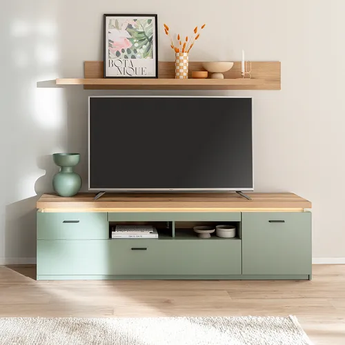 Wohnwand in Grün mit Eiche modern 195 cm mit Fernsehschrank, Wandregal, LED-Akzentbeleuchtung - MOSTAR-05