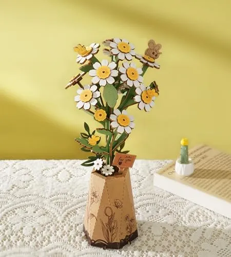 ROBOTIME 3D Holz Blumen Puzzle Kamille, Modellbausätze für Erwachsene zum Zusammenbauen, künstliche Ewige Blüten, DIY Bastelset, Valentinstag, Muttertag und Weihnachten