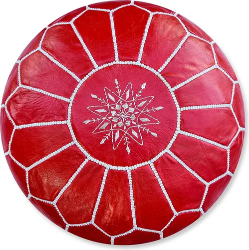 Marokkanischer Echtleder Pouf – Rot und Weiß- Handgefertigt - gefüllt geliefert - Ottoman Sitzsack Fußhocker