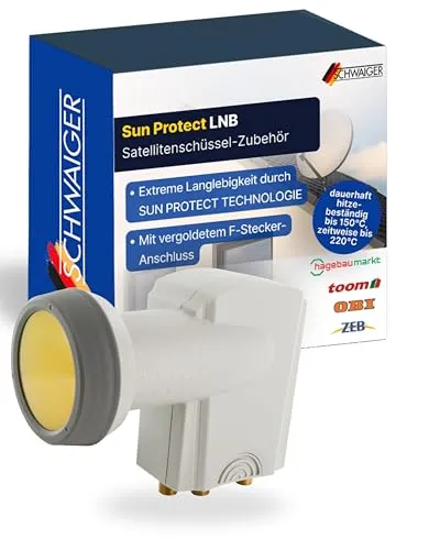 Schwaiger 714364 Universal-Quad-LNB - LNBs für bis zu 4 Teilnehmer, mit hitzebeständiger Wetterschutzabdeckung für extreme Temperaturen bis 220°C, ideal für digitale Satellitenanlagen.