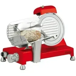 Casselin Aufschnittmaschine Ø 195 mm, Rot CTJ195BR - Allesschneider mit integriertem Messerschärfer, ideal für präzise Schnitte von Wurst und Käse. Kompaktes Design und leistungsstarker 150 W Motor für den täglichen Einsatz.