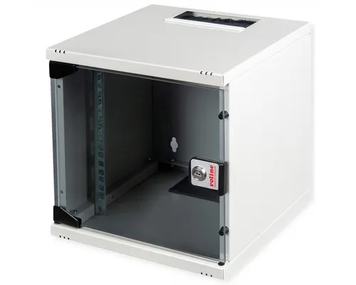 ROLINE 10-Zoll Netzwerkschrank 6 HE - Wandgehäuse in Grau - Kompaktes 10-Zoll Wandgehäuse (6 HE) aus robustem Stahl, ideal für begrenzte Platzangebote im Büro oder Zuhause, mit Vollglastür und verstellbaren Profilschienen.
