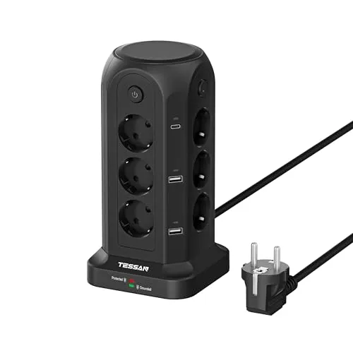 TESSAN 12-Fach Mehrfachsteckdose mit USB und Schalter