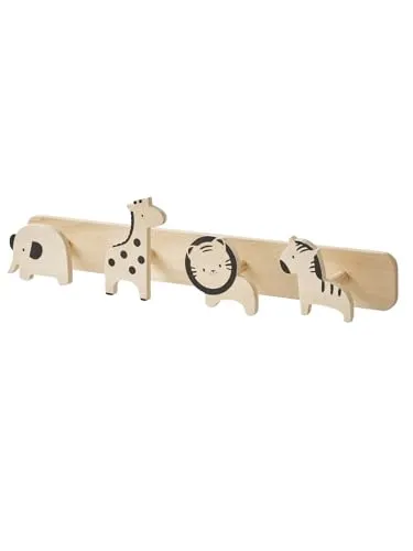 VERTBAUDET Garderobenständer Jungleboistiere mit 4 Tiermotiven - Wandmontierter Garderobenständer aus Holzfaser mit 4 dekorativen Tierhaken. Perfekt für Kinderzimmer und kreative Organisation von Kleidung und Accessoires. Maße: 48 cm x 10,5 cm.