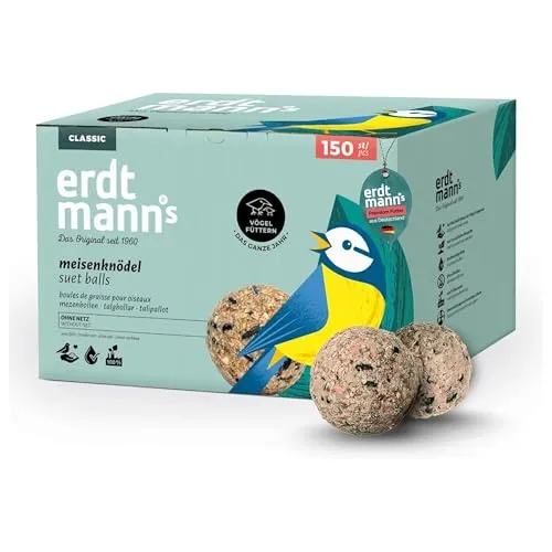 Erdtmanns Meisenknödel ohne Netz 150 Stück (13,2 kg Netto) – Wildvogelfutter im Karton – Umweltfreundliche Knödel - ganzjährige Fütterung – Meisen, Finken & Singvögel – mit Futterhalter