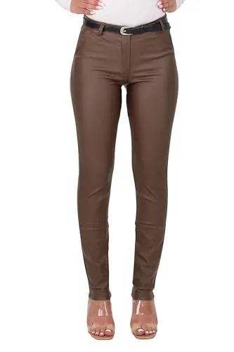 Malito Damen Chinohose - Elegante Stretch Hose in Lederoptik - Dunkelbraun XL - Damen-Hosen in schicker Lederoptik mit hoher Taille für eine figurbetonende Passform. Ideal für elegante und lässige Outfits, bietet maximalen Tragekomfort durch elastisches Material.