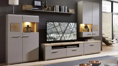 Z2 Wohnwand FUN PLUS - Modernes Design in Grau - Wohnzimmerschrank in Grau mit Fronten im Basaltlook und LED-Beleuchtung. Bietet Stauraum mit 4 Türen und 3 Schubladen - ideal für Ihr modernes Wohnzimmer.