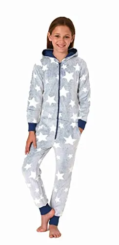 Normann Mädchen Schlafanzug Jumpsuit in Sterneoptik, blau, Größe 152 - Kuscheliger Jumpsuit aus warmem Coralfleece, ideal für kalte Tage. Mit Kapuze und Bündchen für optimalen Tragekomfort. Praktische Taschen und modische Sterneoptik sorgen für einen entspannten Look.