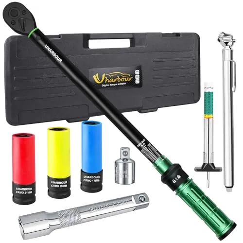 Uharbour Drehmomentschlüssel Auto 1/2 Zoll Set 20-230 Nm, 8-teiliges Drehmomentschlüssel Set inklusive Reifendruckmesser, Profiltiefenmesser, 3 Stecknüssen, Adapter & Verlängerung für Auto, Motorrad