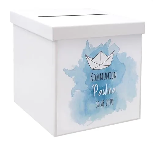 ZauberDeko Geschenkbox mit Name - Briefbox für Taufe, Kommunion & Konfirmation - Stilvolle Aufbewahrungsbox für Geldgeschenke und Karten, personalisierbar mit Namen und Datum. Ideal für besondere Anlässe wie Taufe oder Kommunion.