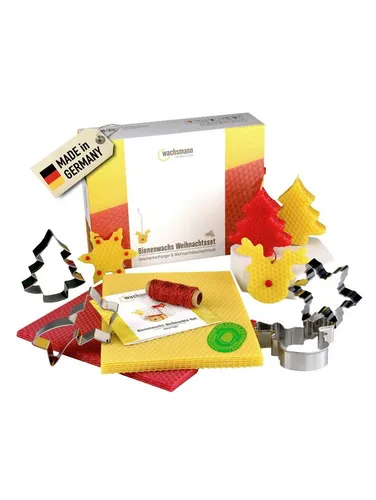 Wachsmann Bienenprodukte Bastel-Set mit 100% Bienenwachs - Gestalten Sie Weihnachtsanhänger aus reinem Bienenwachs. Das Set enthält Ausstechformen, Dekoband und Dochte – ideal für kreative Dekoideen und Geschenke.