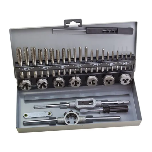 Gewindeschneidsatz 33 tlg. M3 - M12 - Gewindebohrer & Schneideisen-Set, umfassendes Set für präzise Gewinde von M3 bis M12, ideal für Hobby und professionelle Anwendungen.