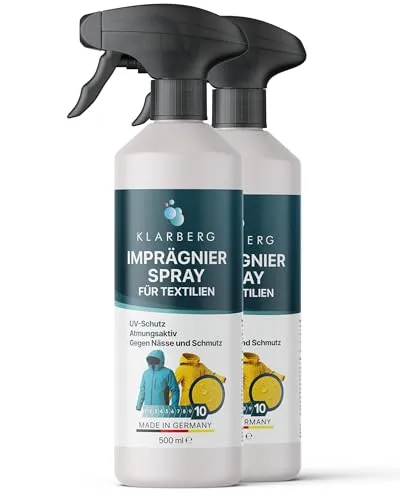 Klarberg Imprägnierung für Textilien (2 St) - Das Klarberg Imprägnierspray schützt Textilien effektiv vor Wasser, Schmutz und Flecken. Ideal für Sofas, Markisen und Skibekleidung. Einfach anzuwenden, bildet es schnell eine unsichtbare Schutzschicht für langlebige Pflege.