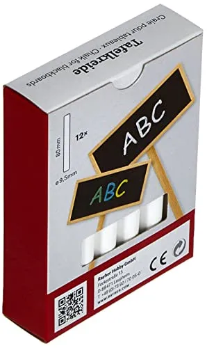 Rayher 8910602 Tafelkreide, Karton 12 Stück, weiß, 8 cm, 9,5 mm ø, leicht abwischbar, staubarm, Kreide