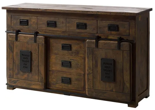 MASSIVMOEBEL24.DE Railway Sideboard Mango - Einzigartiges Design für Ihr Zuhause - Buffets aus recyceltem Mango-Holz, jedes Stück ein Unikat mit individueller Maserung. Bietet viel Stauraum durch 7 Schubladen und 4 Ablageflächen.