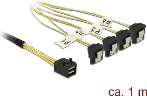 Delock Mini SAS zu SATA Kabel 1m - Festplattenkabel & -Adapter, ermöglicht eine schnelle Datenübertragung mit 6Gbit/s und ist ideal für platzsparende Installationen dank gewinkeltem Design.