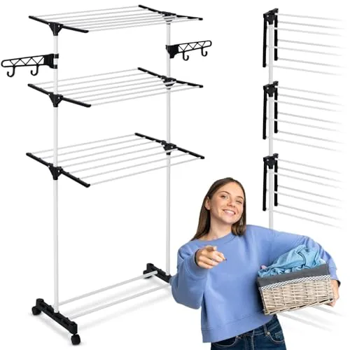 Delia faltbarer Standwäschetrockner – 15 m Trockenfläche - Wäscheständer mit 15 m Trockenfläche, faltbar und extrem kompakt. Ideal für kleine Balkone, mit integrierten Rädern für einfache Mobilität und ergonomischer Höhe von 160 cm.