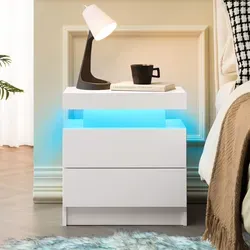 Nachttisch Modern Aus Holzwerkstoff In Weiß Mit Mehrfarbiger Led, 2 Schubladen Und Offenem Fach