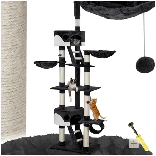 tectake Katzen Kratzbaum XXL - Höhenverstellbar, Deckenhöhe 243-260cm - Aktivitätskratzbaum mit 2 kuscheligen Häuschen, Spielbällchen und stabiler Bauweise. Ideal für großen Spielspaß und Entspannung deiner Katze, perfekt für jedes Kätzchen!