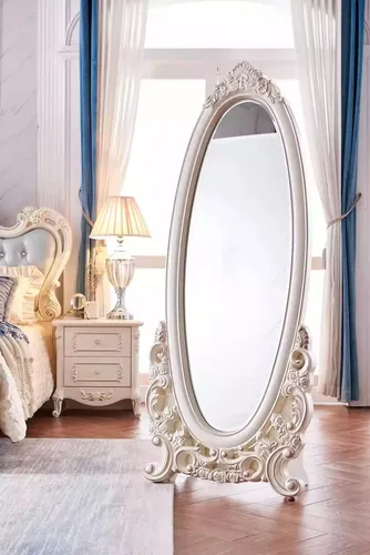 Bodenspiegel im Wohnzimmer Holz klassisch white - Spiegel in elegantem Art déco-Stil, ovaler Bodenspiegel aus Holz mit beheizter Funktion, ideal für Schlafzimmer und Wohnzimmer.
