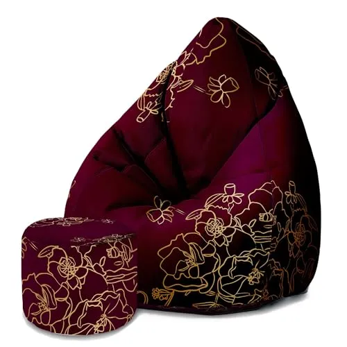 DreamRoots Sitzsack Erwachsene mit Füllung 80x80x120cm - Bean Bag Chair - Sitzsäcke mit Lehne und Hocker und Bezug - Sitzsack Sessel - Chill Sessel Velvet Gold Roses