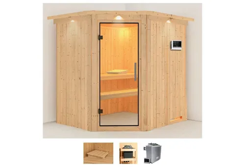 Karibu Sauna Siirin, 210 x 184 x 202 cm, 9 KW-Ofen mit externer Steuerung - Innensauna mit 68 mm Wandstärke für optimale Isolierung und Wärme. Genießen Sie die gesundheitlichen Vorteile regelmäßiger Saunagänge in Ihrem eigenen Zuhause.