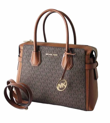 Michael Kors MERCER MD TZ BELTED SATCHEL Tasche - Damentasche in Braun aus PVC/Leder mit verstellbarem Schulterriemen und elegantem Goldverschluss. Ideal für stilvolle Auftritte im Alltag.