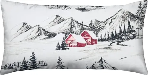 Erwin Müller Kissenbezug, Kissenhülle Feinbiber Berglandschaft und Karos rot Größe 40x80 cm