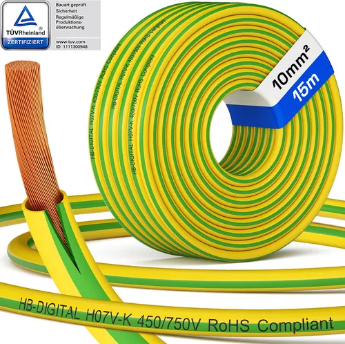HB-DIGITAL Erdungskabel 10mm² H07V-K - Flexibles Stromkabel 1500 cm - Netzkabel für flexible Verlegung, ideal für Schalt- und Verteilungsanlagen, mit robustem PVC-Isoliermantel und hoher Temperaturbeständigkeit von -30°C bis +80°C.