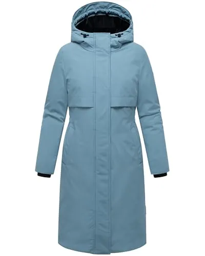 Navahoo Damen Langer Mantel Eismelodie 14 Powder Blue Gr. XXL - Stylischer Parka für urbane Winter-Outfits. Mit wasserabweisendem Obermaterial und weichem Futter bietet er Komfort und Schutz. Der knieumspielende Schnitt sorgt für eine feminine Silhouette und Bewegungsfreiheit.