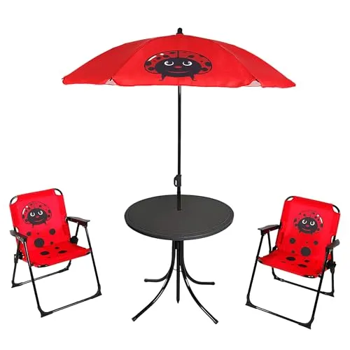 Kinder Camping Sitzgruppe Marienkäfer mit Tisch und Schirm - 4-teilig - Garten Tischgruppe für Kleinkinder mit Sonnenschirm und 2 Stühlen - Outdoor Sitzgarnitur Tisch Stuhl Set klappbar mit Armlehnen