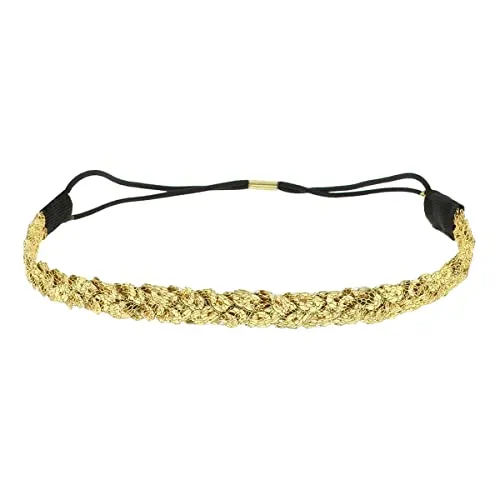 Goldenes Sequin Damen Haarband - Dünnes elastisches Hairband Einheitsgröße - Headband für die Hochzeitsfrisur oder Strass Pailletten Party - Glänzendes Stirnband Look Boho Hippie