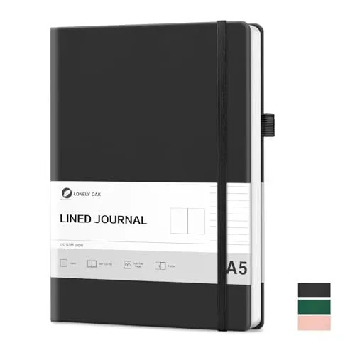 Lonely Oak Notizbuch A5 Liniert Hardcover, 120g/m²Dickes Premium Säurefreies Papier, 160 Seiten Journal mit Gummiband & Innentasche, 14,5 x 21,3 cm (Schwarz)