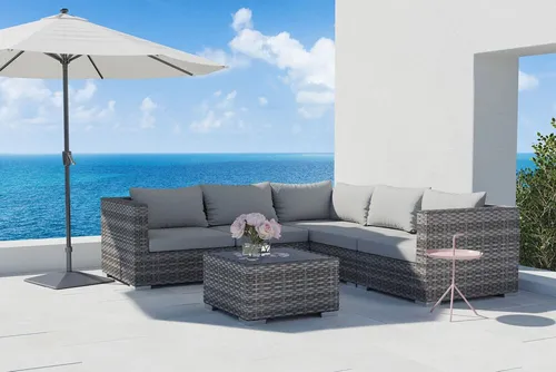 OUTFLEXX Gartenlounge-Set - 6-teiliges Ecklounge-Set aus Aluminium und Polyrattan in Grau, perfekt für entspannte Stunden im Freien. Witterungsbeständig und pflegeleicht, mit bequemen Kissen für höchsten Komfort.