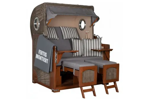 MR.DEKO Strandkorb Düne 2-Sitzer mit Bullauge – Vollholz & PE-Geflecht - Der MR.DEKO Strandkorb Düne vereint maritimen Stil mit hochwertiger Verarbeitung. Ideal für Garten, Terrasse oder Balkon – wetterfest, mit verstellbarer Rückenlehne und waschbaren Polstern für besten Komfort.