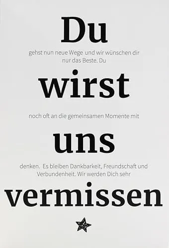 Mr Karte Abschiedskarte für Kollegen - Rente, Ruhestand, Jobwechsel - Stilvolle Grußkarte im B6-Format (11,6 x 17 cm) mit dem Text „Du wirst uns vermissen“. Ideal für den Abschied von Kollegen, inklusive passendem Umschlag.