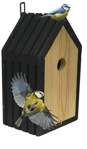 MODO24 Meisen Nistkasten aus FSC® Holz mit 2,8 cm Einflugloch und mit Heu, Vogelhaus Blaumeisen & Kleinvögel, Brutkasten mit Reinigungsklappe, Futterhaken für Garten, Balkon, 26×15×12 cm, Schwarz