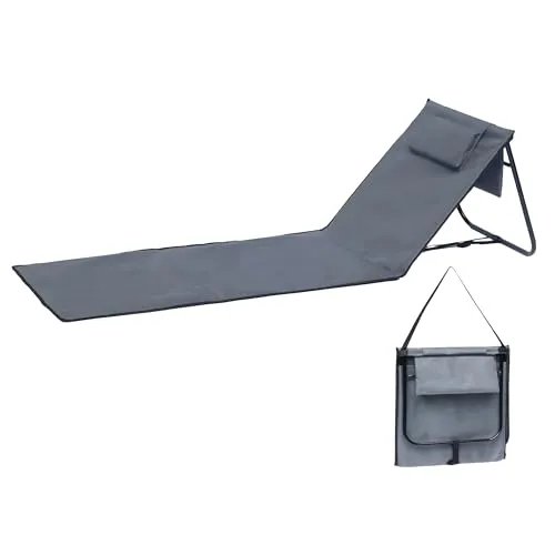 Liegematte faltbar mit stufenlos verstellbarer Rückenlehne - anthrazit - Strandliege 152 x 51 cm faltbar mit Tragegurt - Garten Liege Sonnenliege Camping Picknick Reise Urlaub mit Bodenmatte Staufach