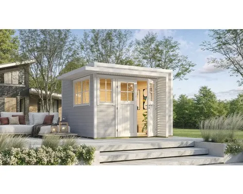 Produktbild Gartenhaus weka Amberley 28 mm inkl. Fußboden, Fenster 350 x 353 cm grau-weiß