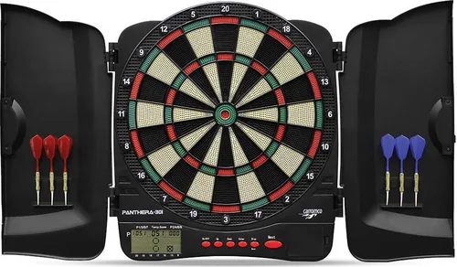 Carromco Elektronik Dart Kabinett Panthera-301 4-Loch Abstand rot-grün-beige-schwarz 8 Spieler mit Softdarts 32 Spiele 500 Variationen (inkl. Cricket)