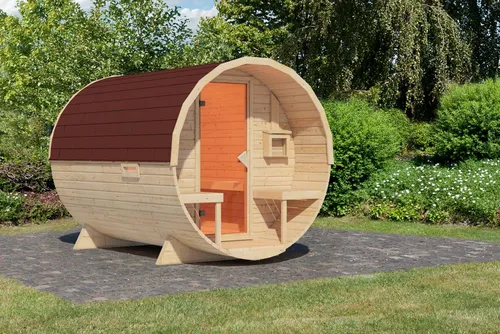 Karibu Fasssauna naturbelassen mit Schindeln rot, 225 x 295 cm