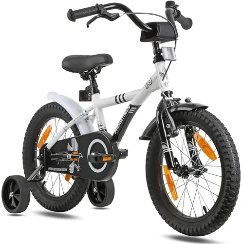 PROMETHEUS BICYCLES Kinderfahrrad 16 Zoll ab 5 Jahren - Kinder Fahrrad Mädchen Jungen Fahrrad Kinder mit Stützräder Rücktrittbremse in Weiss Schwarz