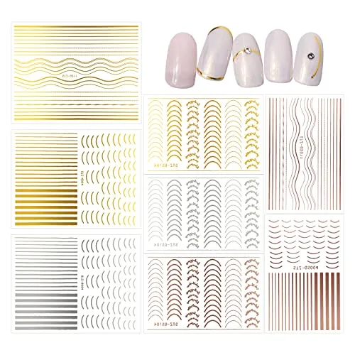 Cozlly 8 Blatt Nagelsticker Selbstklebend, Metallic Nagelaufkleber für Gelnägel, Gold Silber Rosegold Nail Art Stickers, Nagel Stickers Streifen Linien Nagel Aufkleber Maniküre Dekoration Nageldesign