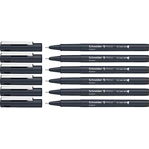 Schneider Pictus Fineliner (Strichstärke 0,2 mm, dokumentenechte Pigmentliner, metallgefasste Spitze, Gehäuse aus 85% recyceltem Kunststoff) 6er Pack, schwarz