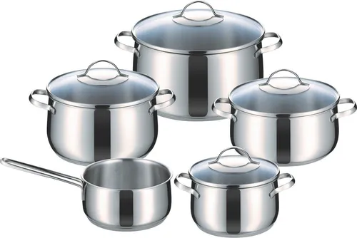 Kelomat Geschirr-Topfset Torrano 9-teilig Edelstahl mit Glasdeckel - Kochtöpfe 9-teiliges Set aus hochwertigem Edelstahl, geeignet für alle Herdarten, inklusive Sichtglasdeckel für einfaches Kochen und Überwachen.