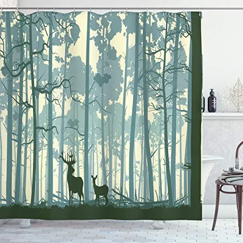 ABAKUHAUS Hirsch Duschvorhang, Tiere in nebligen Wald, Stoffliches Gewebe Badezimmerdekorationsset mit Haken, 175 x 220 cm, Schwarz Weiß Grau