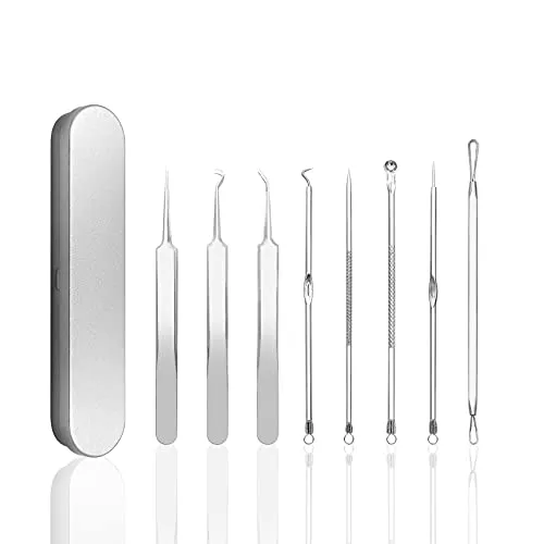 Pinkiou Mitesser entfernen Werkzeug Nase Pickel Komedonen Akne Nadel Set Gesicht Mitesser Quetscher Extraktor gebogene Pinzette mit silbernem Metallgehäuse (8 in 1)